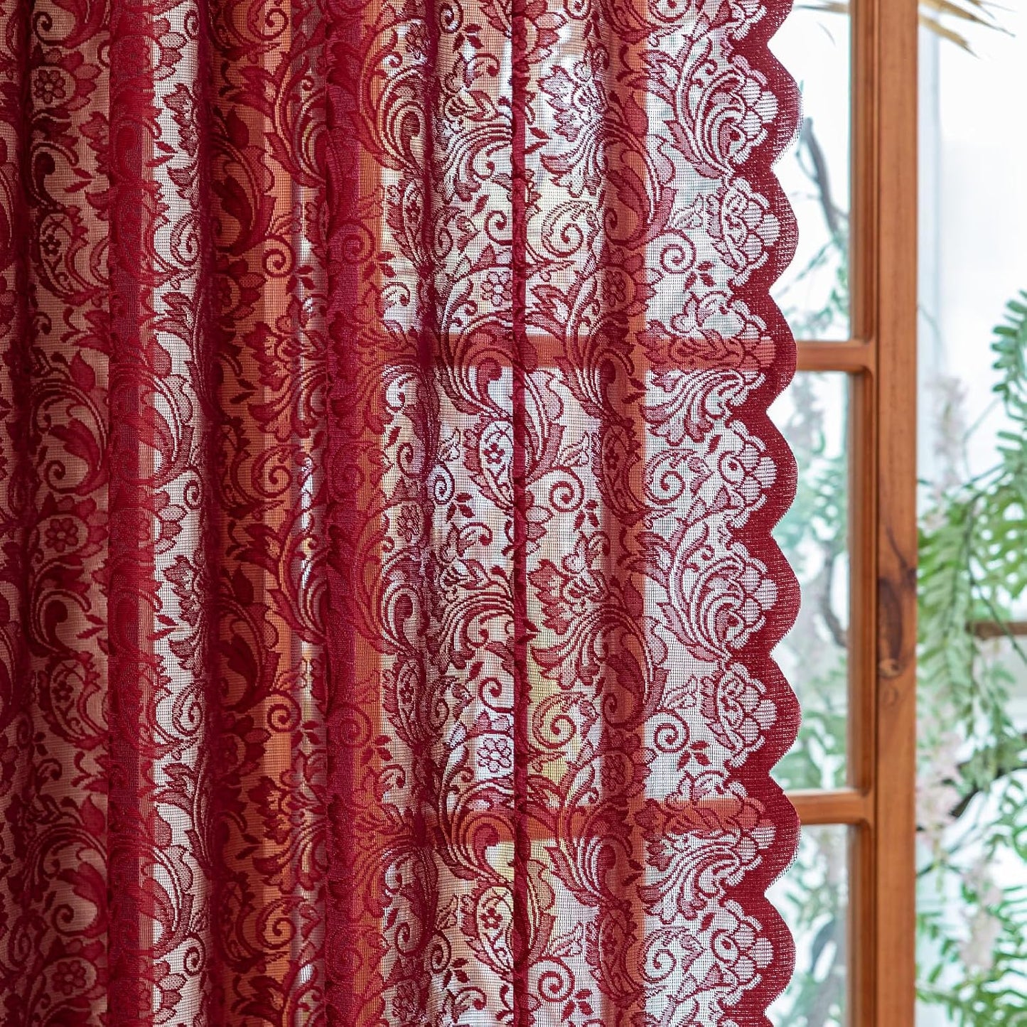 ALIGOGO Burgundy Sheer Curtains 63 Inch Length 2 Panels, Victorian Floral Red Lace Curtains for Bedroom, Embroidered Privacy Rod Pocket Scalloped Burgundy Home Décor, 52W x 63L Inch, Dark Red