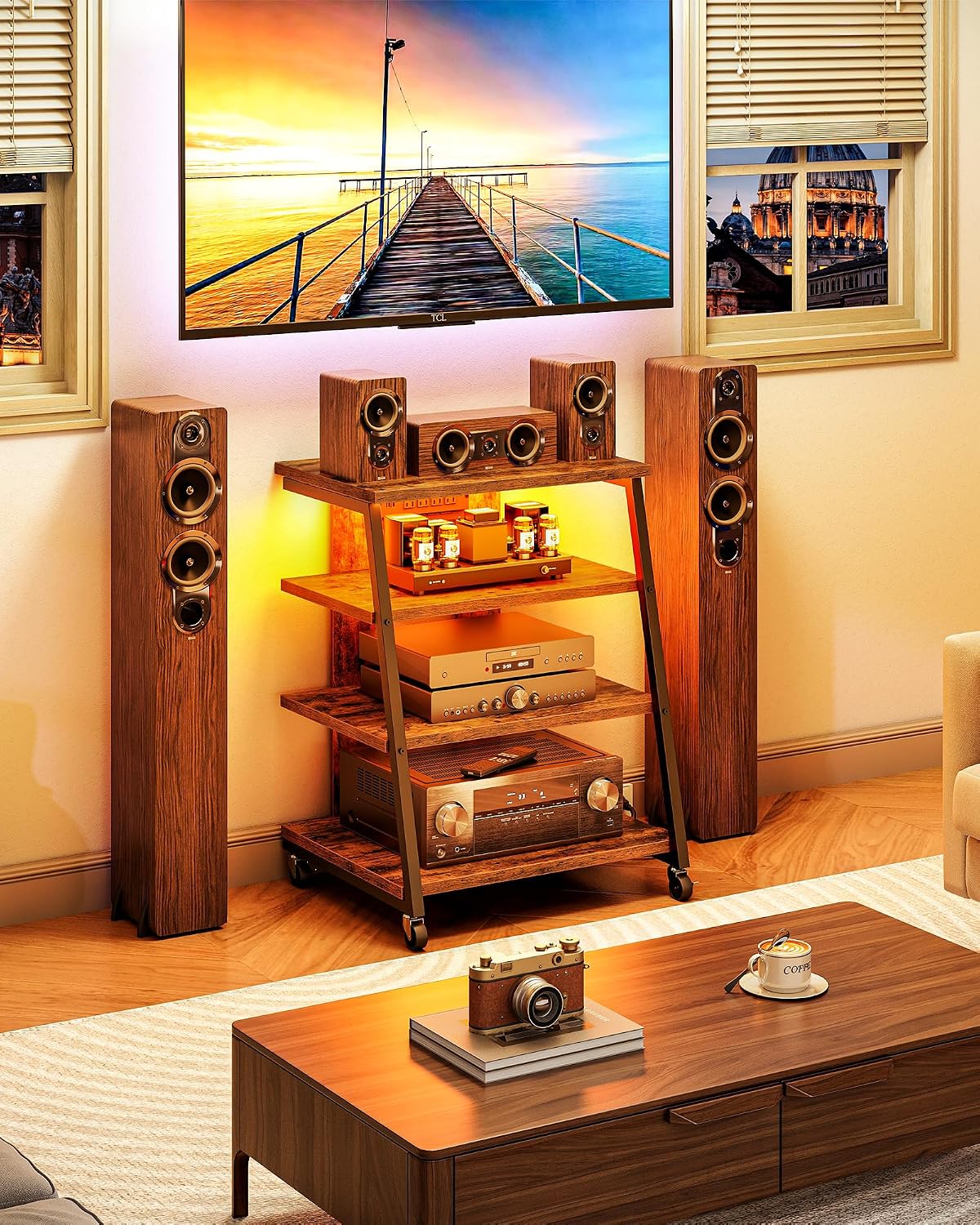 choezon 4-tier av media stand with wheels, stereo, side view