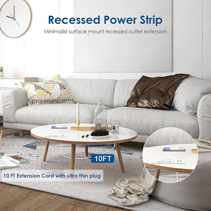 30W USB C Recessed Power Strip, Flat Plug Power Strip, 2 Outlets 4 USB Ports - Image 6