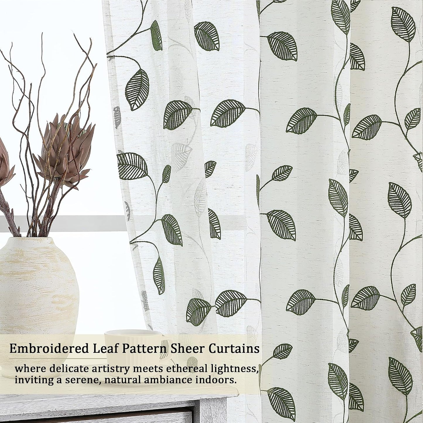 Sage Green Sheer Curtains 63 Inch Length 2 Panels, Leaf Embroidery Linen Textured Light Filtering Sheer Curtains for Dining Room Bedroom, Rod Pocket Farmhouse Window Drapes, 2x40Wx63L Inches