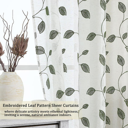 Sage Green Sheer Curtains 63 Inch Length 2 Panels, Leaf Embroidery Linen Textured Light Filtering Sheer Curtains for Dining Room Bedroom, Rod Pocket Farmhouse Window Drapes, 2x40Wx63L Inches