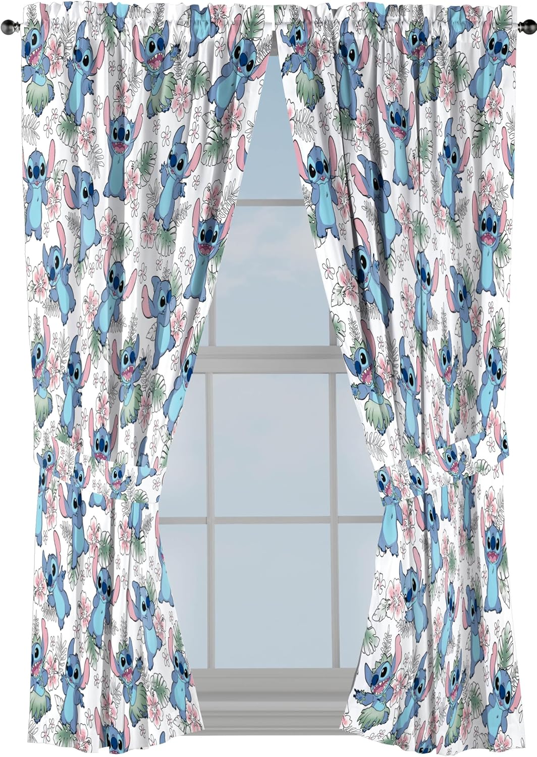 Jay Franco Window Curtains for Kids Bedroom 4-Piece Drape Set with 2 Tiebacks, Multi - Lilo & Stitch, 42" W x 63" L (Pack of 2)