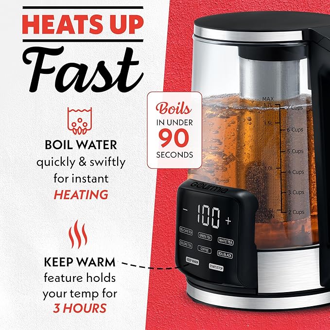 Gourmia Electric Programmable Glass Kettle – 1.7L Temperature Control Tea & - Image 4