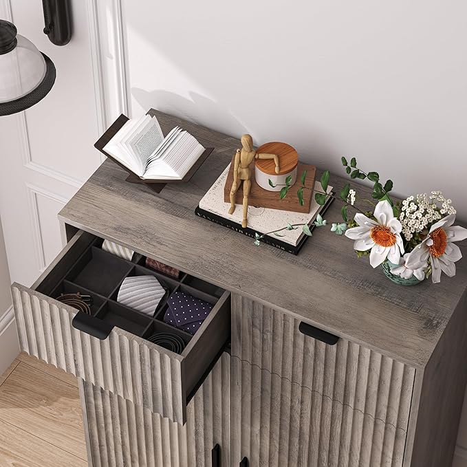 Fluted Shoe Cabinet, 4-Tier Mid Century Modern Narrow Shoe Storage Cabinet - Image 7