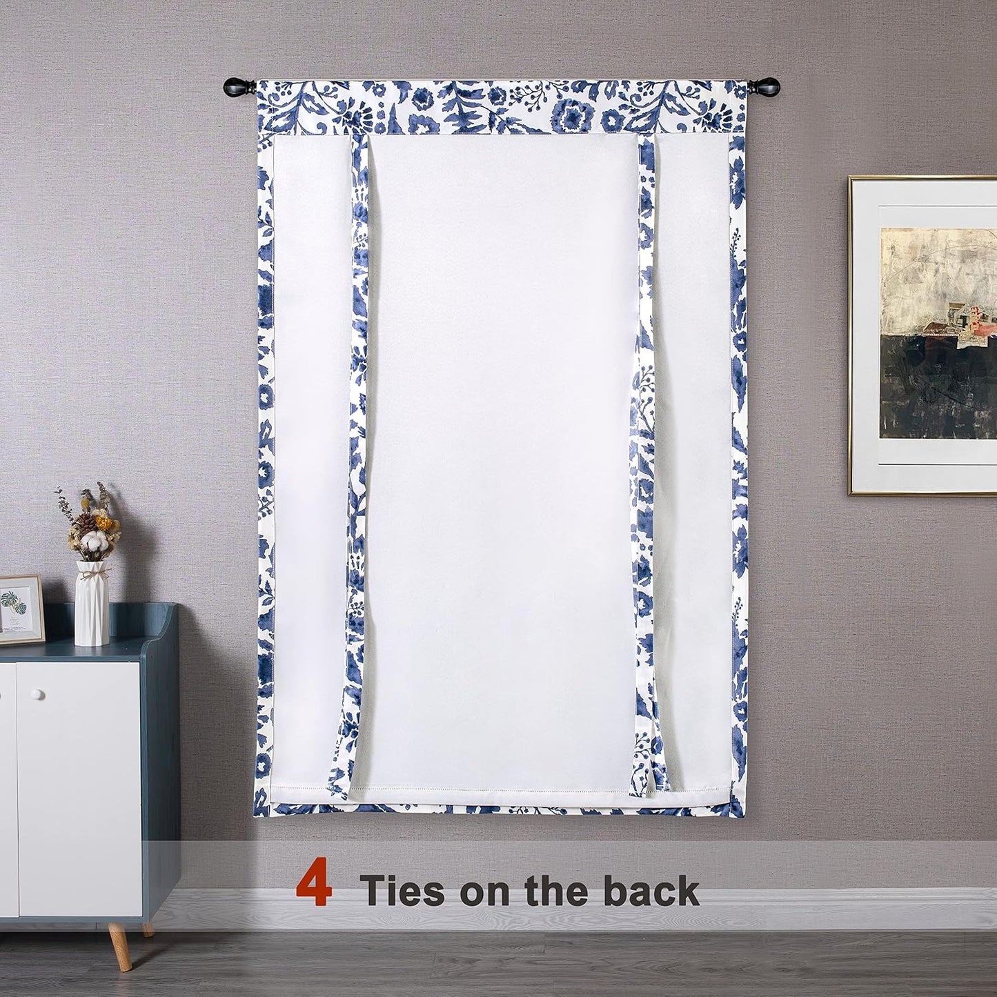 DriftAway Julia Watercolor Blooming Flower Floral Tie Up Curtain Thermal Insulated Blackout Window Adjustable Balloon Curtain Shade for Small Window Rod Pocket Single 31 Inch by 47 Inch Navy