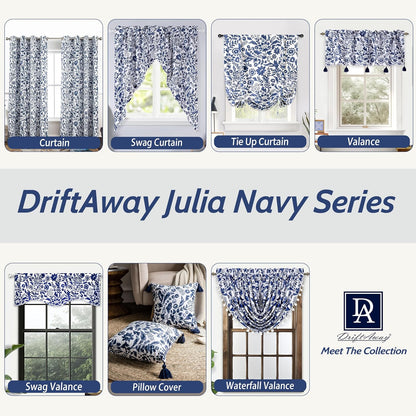 DriftAway Julia Watercolor Blooming Flower Floral Tie Up Curtain Thermal Insulated Blackout Window Adjustable Balloon Curtain Shade for Small Window Rod Pocket Single 31 Inch by 47 Inch Navy