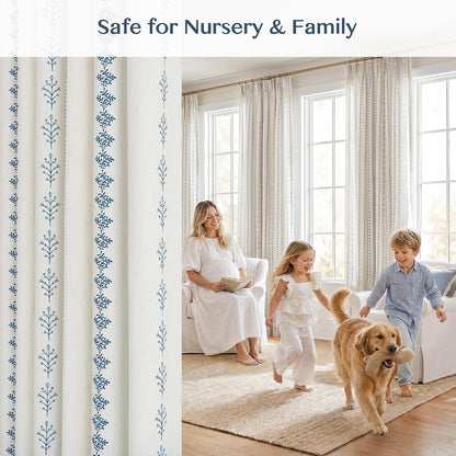 Pinch Pleated Navy Blue Floral Block Print Curtains 96 Inches Long, Vintage Boho Linen Blend Drapes for Bedroom Living Room, 2 Panels Set