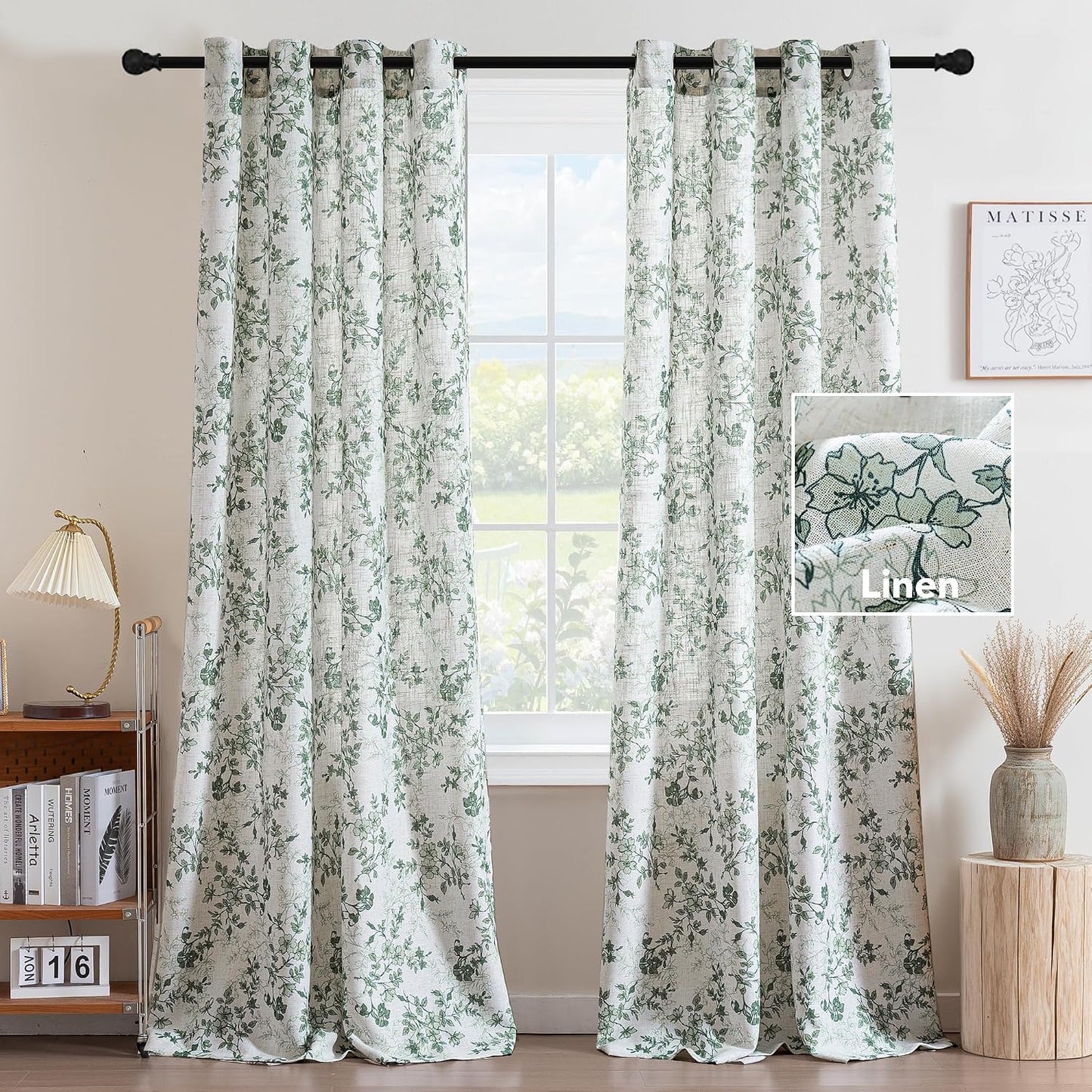 H.VERSAILTEX Linen Blend Curtains for Living Room Printed Floral Curtain Grommet Farmhouse Flower Patterned Drapes Window Treatment Panels Set of 2 Panels, 52" W x 84" L, Retro Floral - Sage