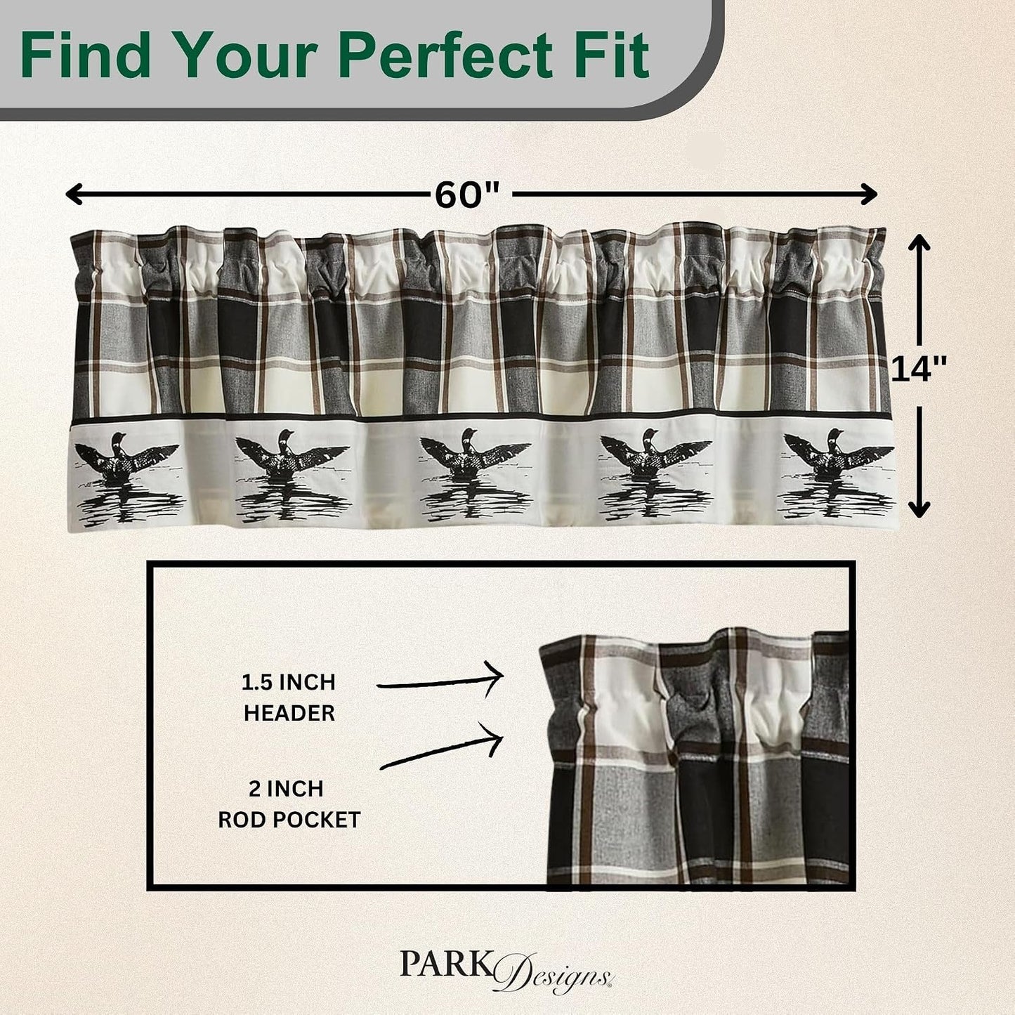 Park Designs Hixon Lined Valance 60" x 14", Plaid | Cotton | Loon Bird Border | Black, Brown & White | Farmhouse Decor