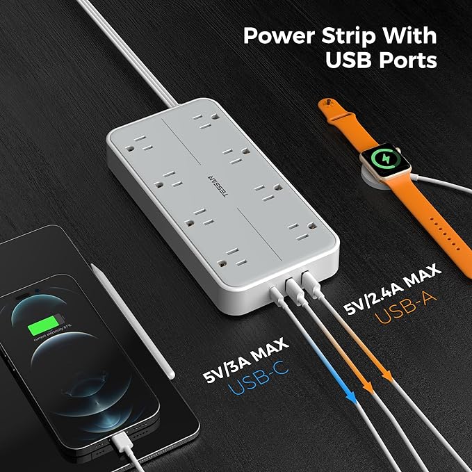 Flat Plug 15 FT Extension Cord, TESSAN Surge Protector Power Strip - Image 5