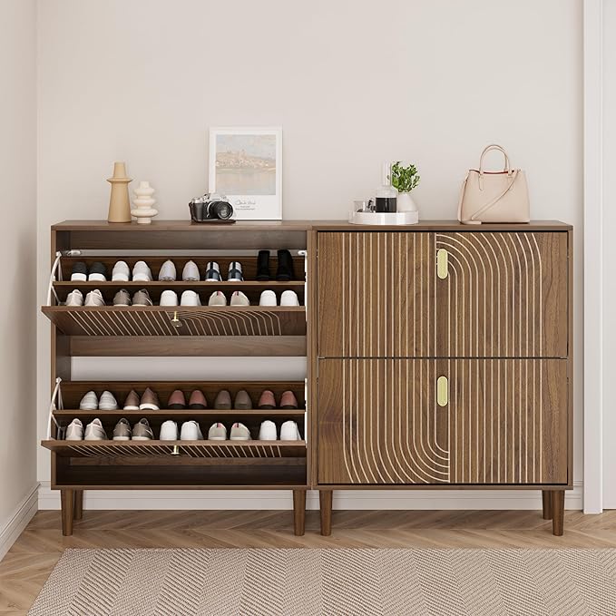 Smuxee Shoe Cabinet with 2 Flip Drawers, 31.5" Walnut Hidden Shoe Storage - Image 3