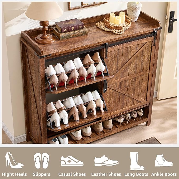 OKD Shoe Storage Cabinet with 2 Flip Drawers & Sliding Door, Farmhouse Entryway - Image 4