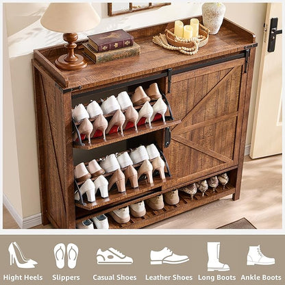 OKD Shoe Storage Cabinet with 2 Flip Drawers & Sliding Door, Farmhouse Entryway - Image 4