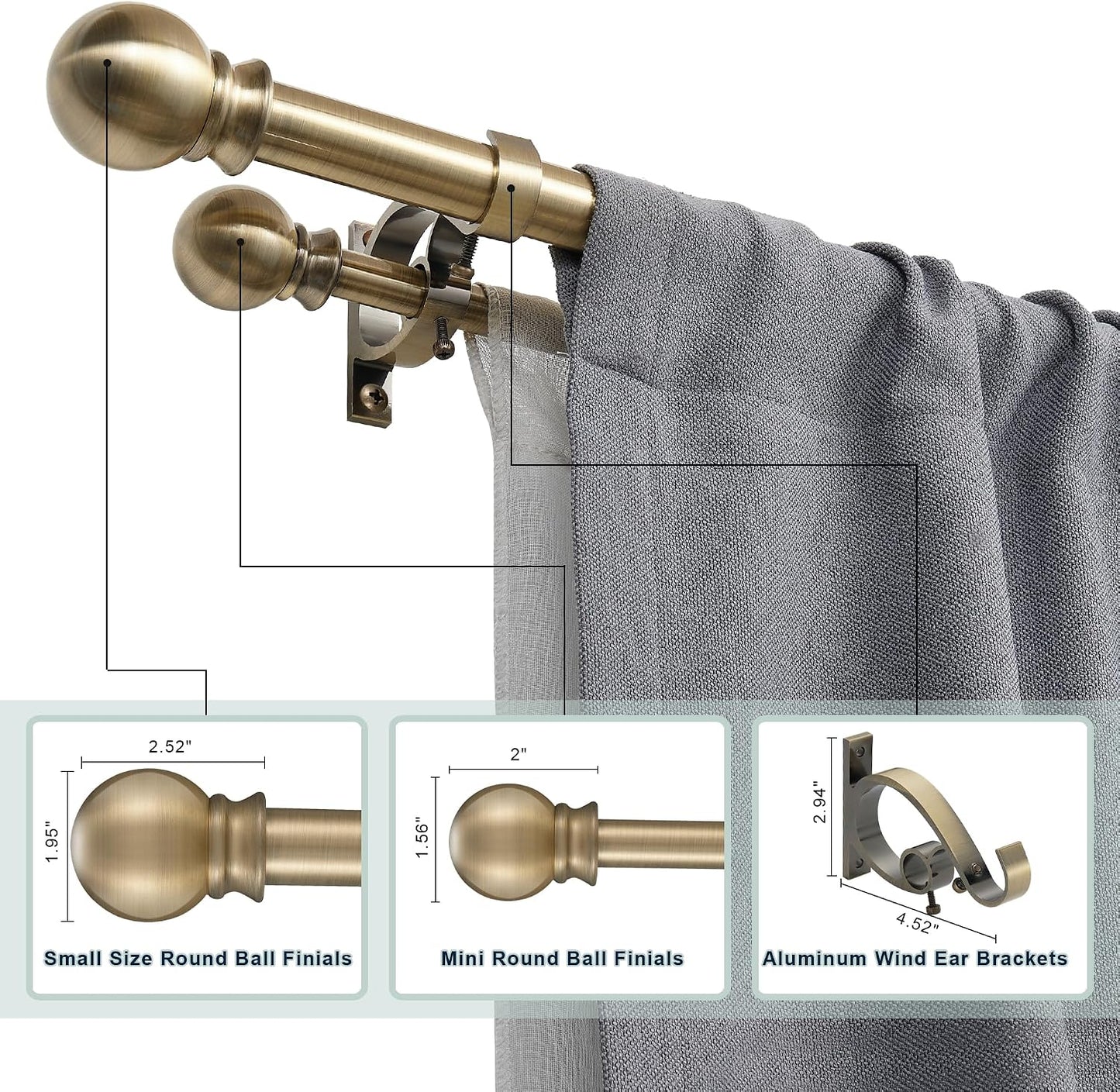 Antique Bronze Double Curtain Rods 36-72 Inch,1’’Front and 5/8’’Back Double Drapery Rod with Small Round Ball and Aluminum Brackets, Adjustable Dual Window Rod for Sheer/Blackout Curtains