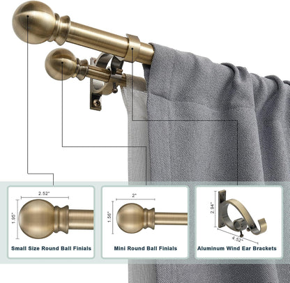 Antique Bronze Double Curtain Rods 36-72 Inch,1’’Front and 5/8’’Back Double Drapery Rod with Small Round Ball and Aluminum Brackets, Adjustable Dual Window Rod for Sheer/Blackout Curtains