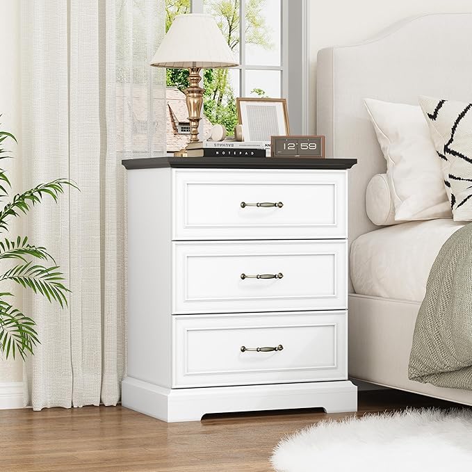 Nightstand with 3 Large Drawers, Rustic Farmhouse Wood Small Dresser, Bedside by Thacuok