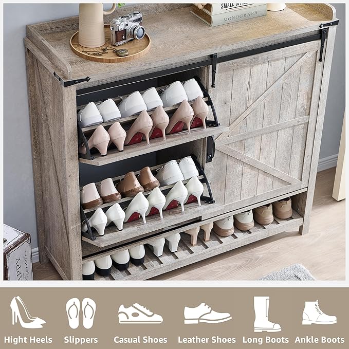 OKD Shoe Storage Cabinet with 2 Flip Drawers & Sliding Door, Farmhouse Entryway - Image 4