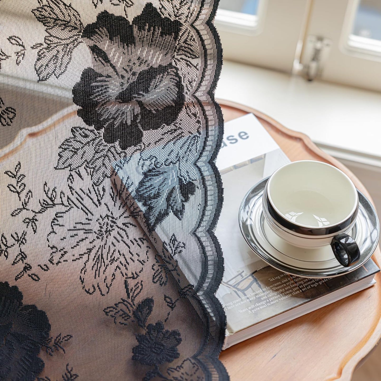 Black Lace Curtains 84 Inch Long Vintage Floral Sheer Drapes | for Living Room & Bedroom - Gothic Style Decor Light Filtering Scalloped Edges Curtains with Rod Pocket - 2 Panels, 55 x 84
