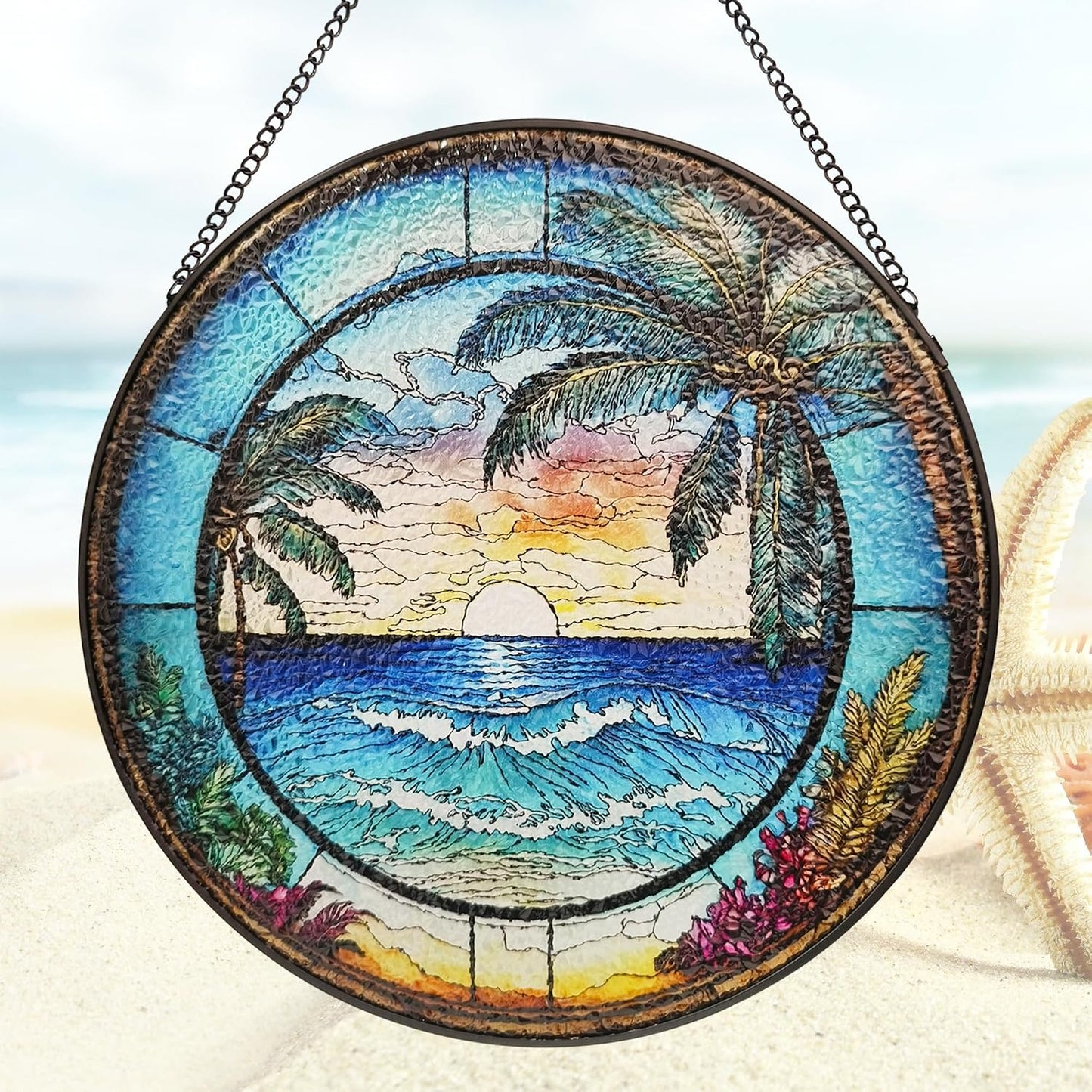 9.8 Instained Glass Window Hanging - Blue Sea Sun Catcher for Door Home Decor Ocean Suncatcher Christmas Mother's Day Birthday Sea Lover Gifts for Women Men Mom Nana