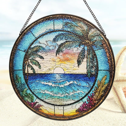 9.8 Instained Glass Window Hanging - Blue Sea Sun Catcher for Door Home Decor Ocean Suncatcher Christmas Mother's Day Birthday Sea Lover Gifts for Women Men Mom Nana