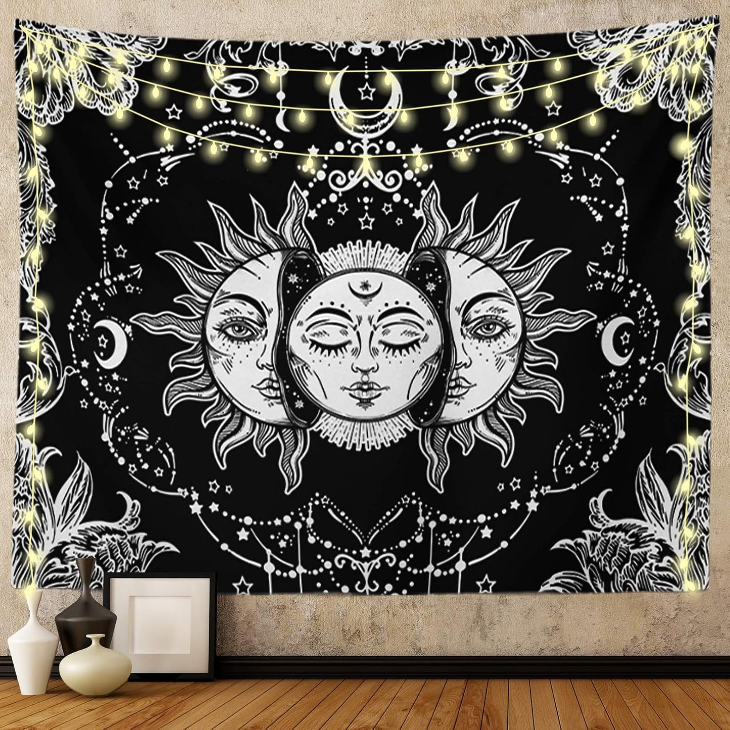 Sun and Moon Tapestry Black and White Tapestries Mystic Burning Sun with Star Wall Hanging Decor for Bedroom (40" W x 30" L)