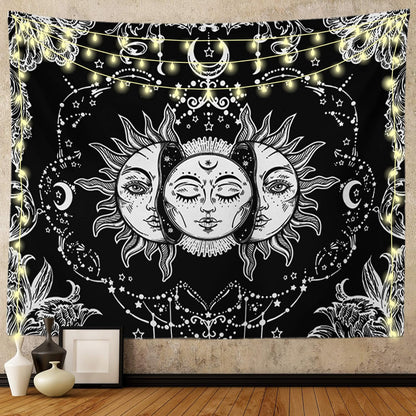 Sun and Moon Tapestry Black and White Tapestries Mystic Burning Sun with Star Wall Hanging Decor for Bedroom (40" W x 30" L)