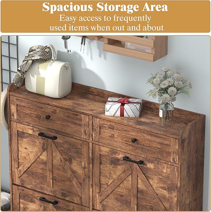 Shoe Cabinet with 4 Flip Drawers & 2 Storage Drawers, Rustic Farmhouse Narrow - Image 4