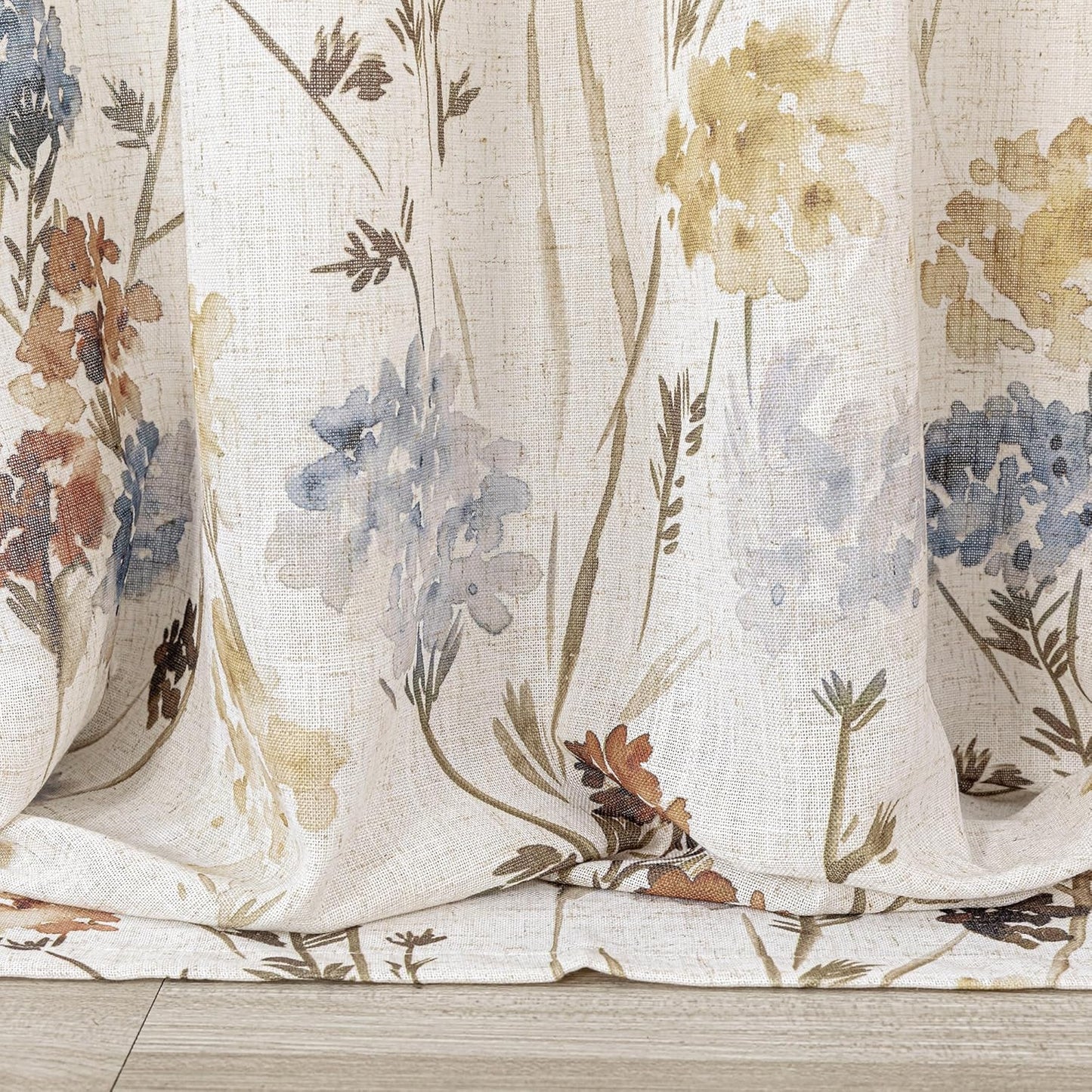 MYSKY HOME Floral Linen Curtains 84 inch Length 2 Panels Set Summer Flower Patterned Semi Sheer Light Filtering Privacy Farmhouse Grommet Drapes for Living/Dining Room, Yellow, W52 x L84, Pack-2