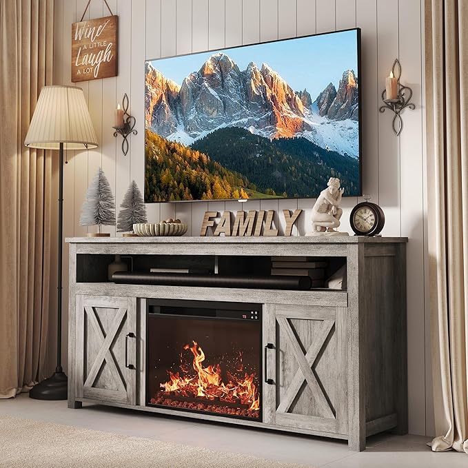 BELLEZE Barn Door Wood Electric Fireplace TV Stand - Image 5
