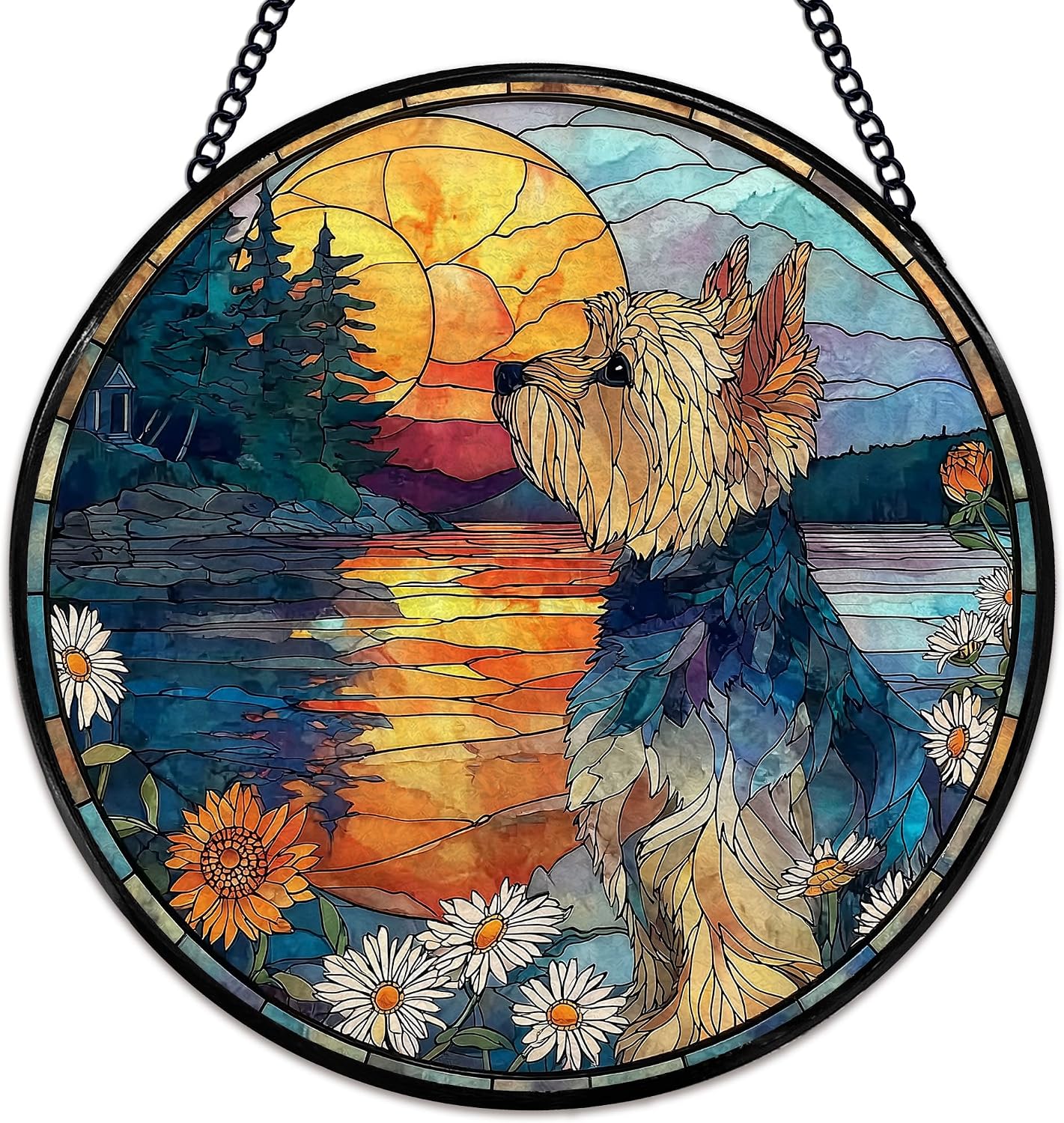 Yorkshire Flower Suncatcher Stained Glass Window Hanging, Yorkshire Gifts Sun Catchers Indoor Window Glass Wall Art Decor, Dog Round Wall Hanging Decorations, 7.9x7.9 inch