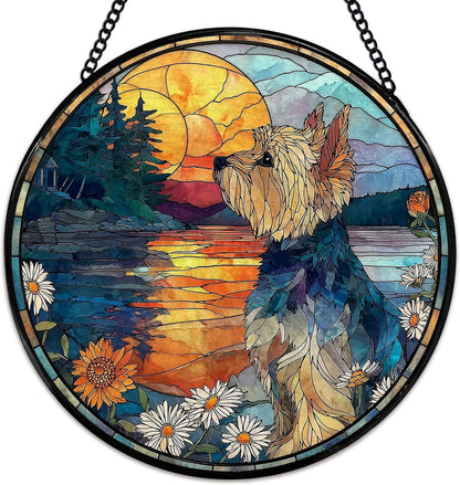 Yorkshire Flower Suncatcher Stained Glass Window Hanging, Yorkshire Gifts Sun Catchers Indoor Window Glass Wall Art Decor, Dog Round Wall Hanging Decorations, 7.9x7.9 inch