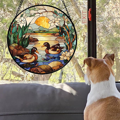 AMDERVEN Stained Glass Window Hanging, Ducks in The Pond Sun Catcher - Image 3
