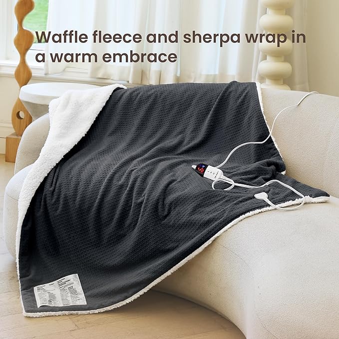 Heated Blanket Electric Blanket Twin Waffle, 62x84 Inches Sherpa Fleece Fast - Image 2