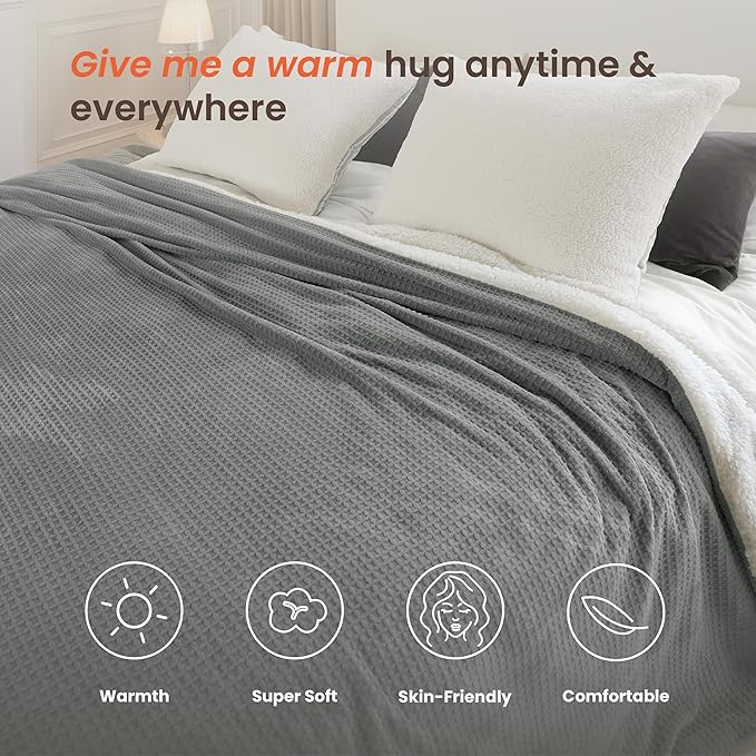 Heated Blanket Electric Blanket Queen Waffle, 84x90 Inches Sherpa Fleece Fast - Image 4