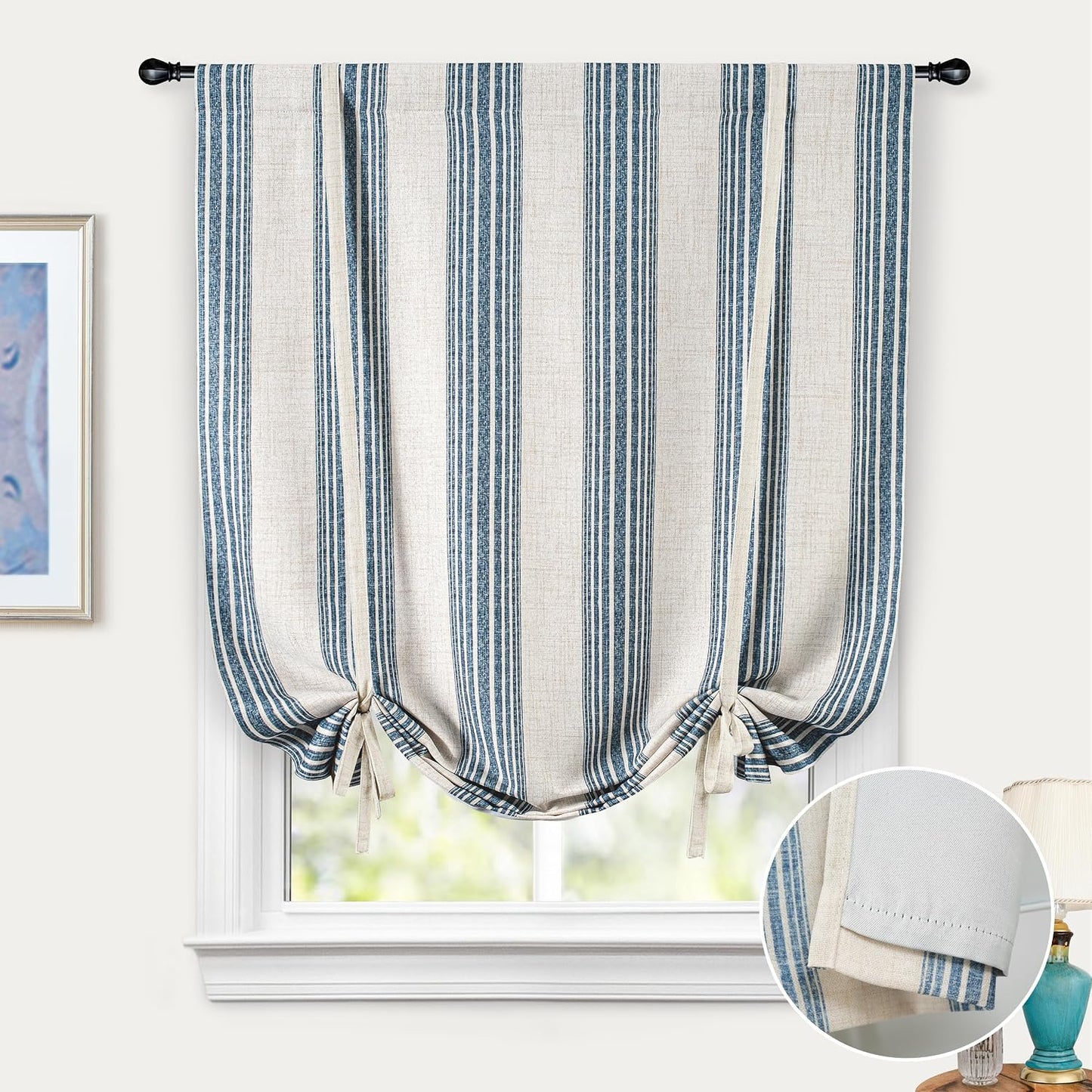 DriftAway Chris Double Layer Blackout Tie Up Curtains Thermal Insulated Fully Lined Vertical Striped Balloon Roman Shade Bathroom Window Adjustable Rod Pocket 39 Inch by 55 Inch Jean Navy