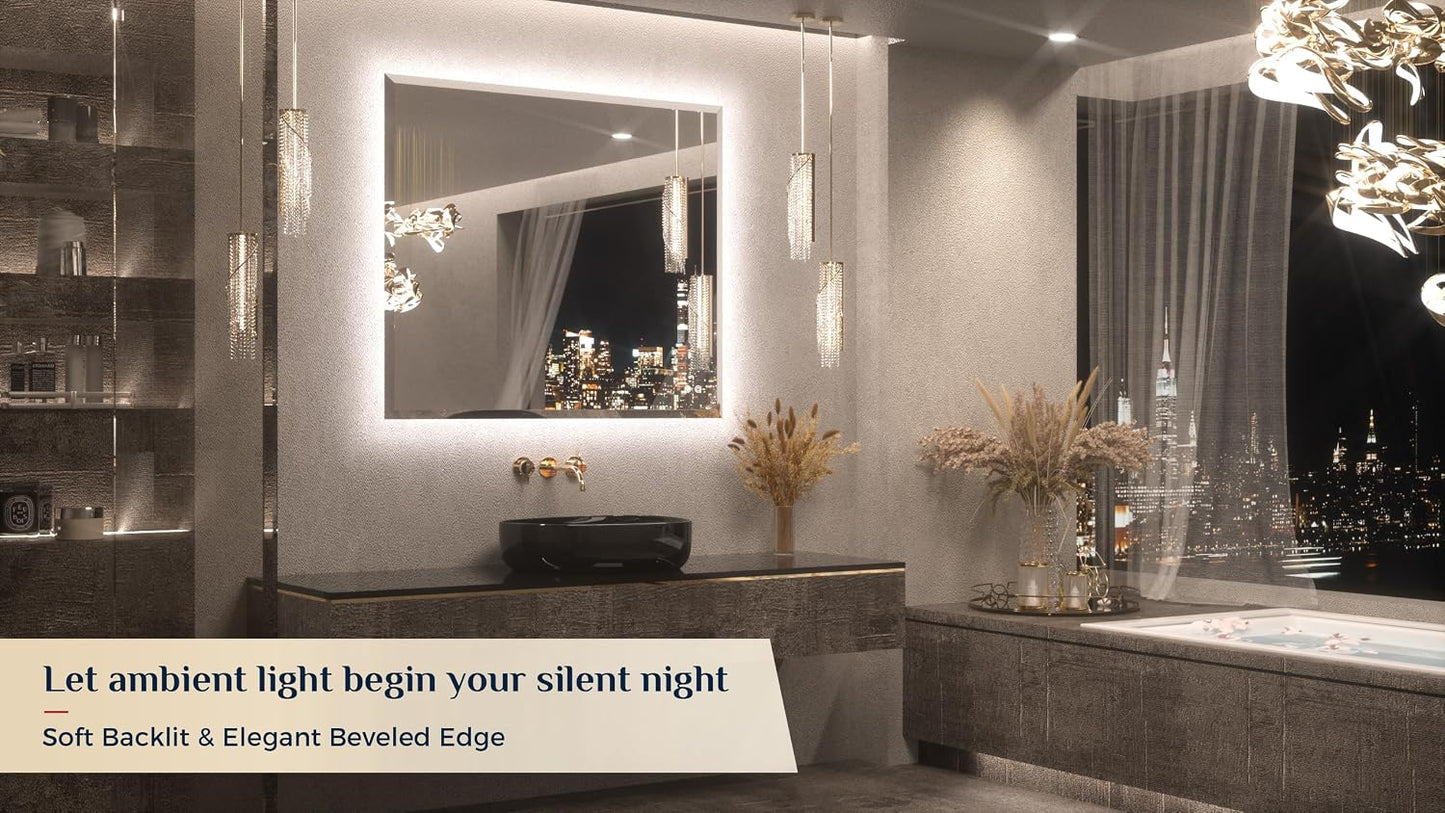 Keonjinn 42" x 36" Backlit Bathroom Mirror with Lights, Safe Tempered Glass | Beveled Edge, 3 Color Lights, Dimmable, Efficient Defogging, French Cleat, Memory Function, Lighted Bathroom Vanity Mirror