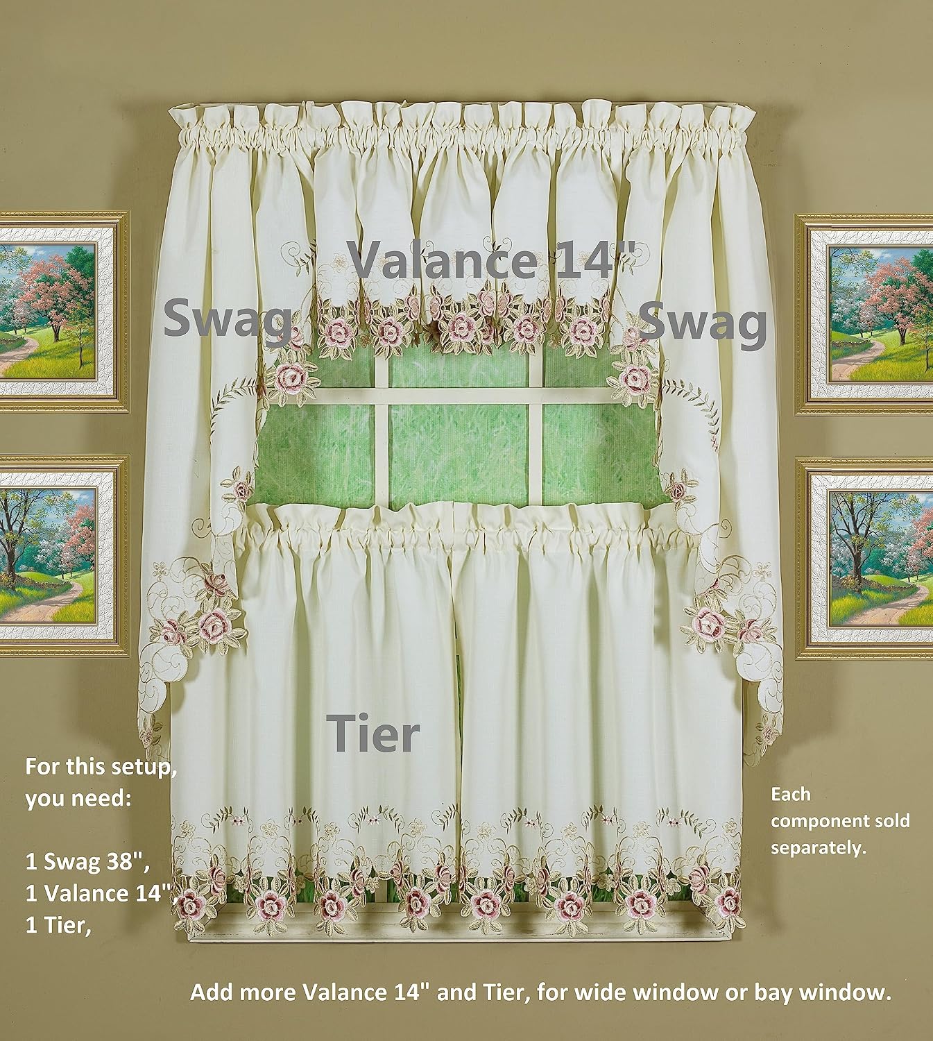 Today's Curtain Verona Reverse Embroidery Swag, 38", Ecru/Rose, 60"W X 38"L