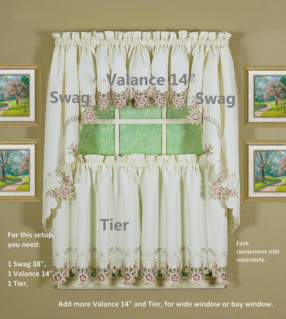 Today's Curtain Verona Reverse Embroidery Swag, 38", Ecru/Rose, 60"W X 38"L