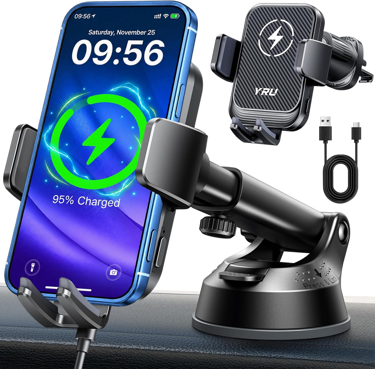 YRU Wireless Car Charger 【90+LBS Strongest】 15W Auto Clamping Phone Holder