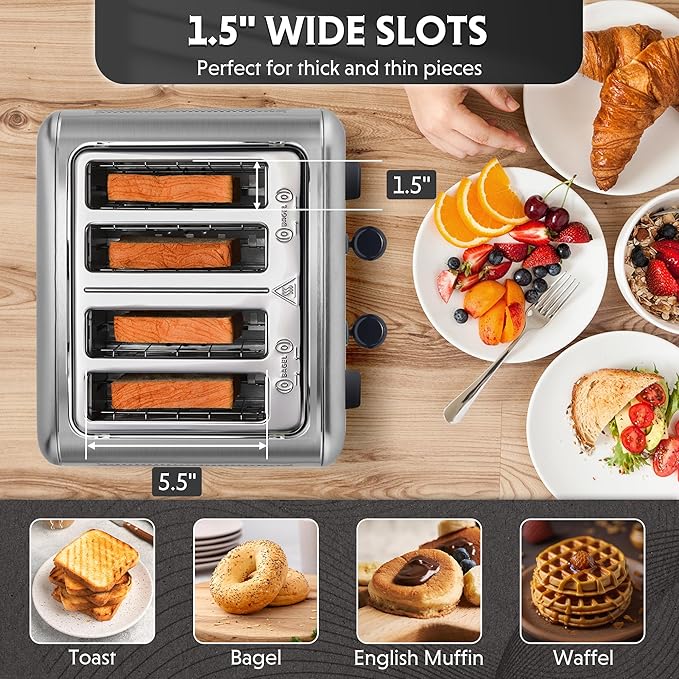 BUYDEEM DT640 Retro 4 Slice Toaster, 7 Shade Settings, Extra Wide 1.5'' Slots - Image 4