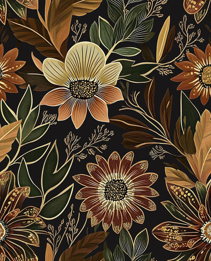 Boho Dark Black Gold Floral Wallpaper Peel and Stick 17.5"x393" | Self Adhesive/Removable/Waterproof/Thick Vinyl Contact Paper for Bathroom Bedroom Shelf Cabinet Drawer,Prepasted,Easy Peel