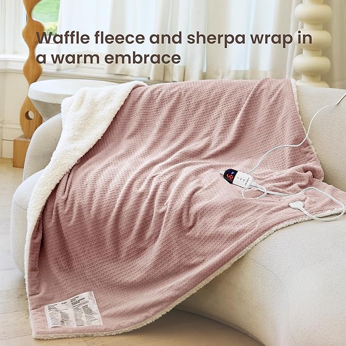 Heated Blanket Electric Blanket Twin Waffle, 62x84 Inches Sherpa Fleece Fast - Image 2