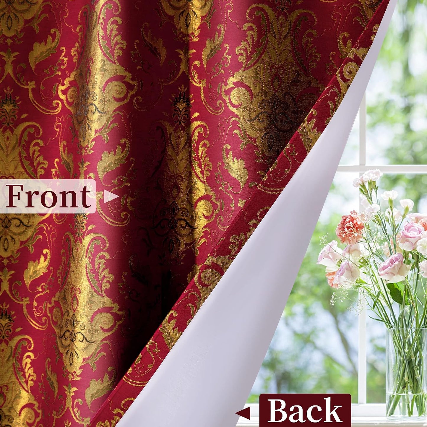 Loom and Mill Luxury Red Damask Curtains for Bedroom, 2 Panels, 52"W x 96"L | Textured Lined Jacquard Curtain Panels with Tiebacks, Window Curtain for Living Room Banquet Christmas Decoration, Rod Pocket