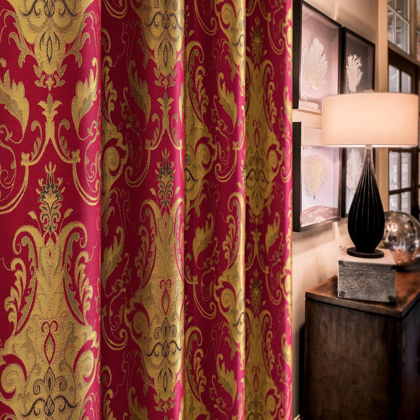 Loom and Mill Luxury Red Damask Curtains for Bedroom, 2 Panels, 52"W x 96"L | Textured Lined Jacquard Curtain Panels with Tiebacks, Window Curtain for Living Room Banquet Christmas Decoration, Rod Pocket