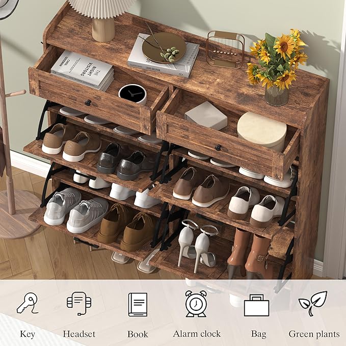 Shoe Cabinet with 4 Flip Drawers & 2 Storage Drawers, Rustic Farmhouse Narrow - Image 5