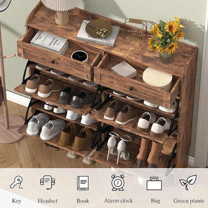 Shoe Cabinet with 4 Flip Drawers & 2 Storage Drawers, Rustic Farmhouse Narrow - Image 5