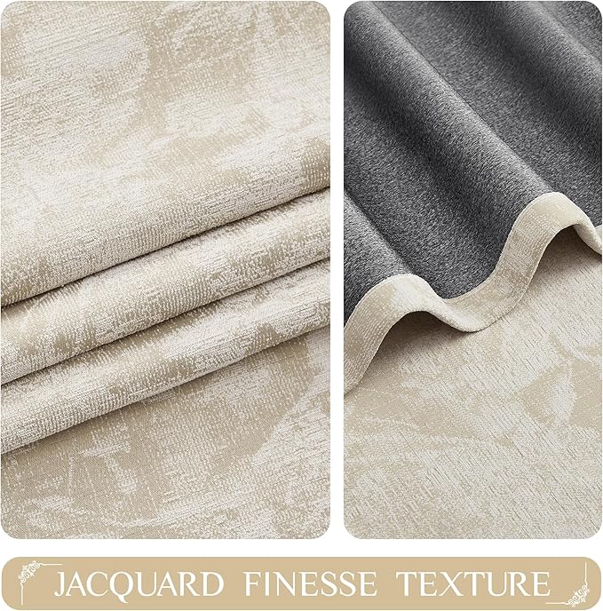 Beauoop Beige Floral Jacquard Blackout Curtains 120 Inches Long 2 Panels - Image 3