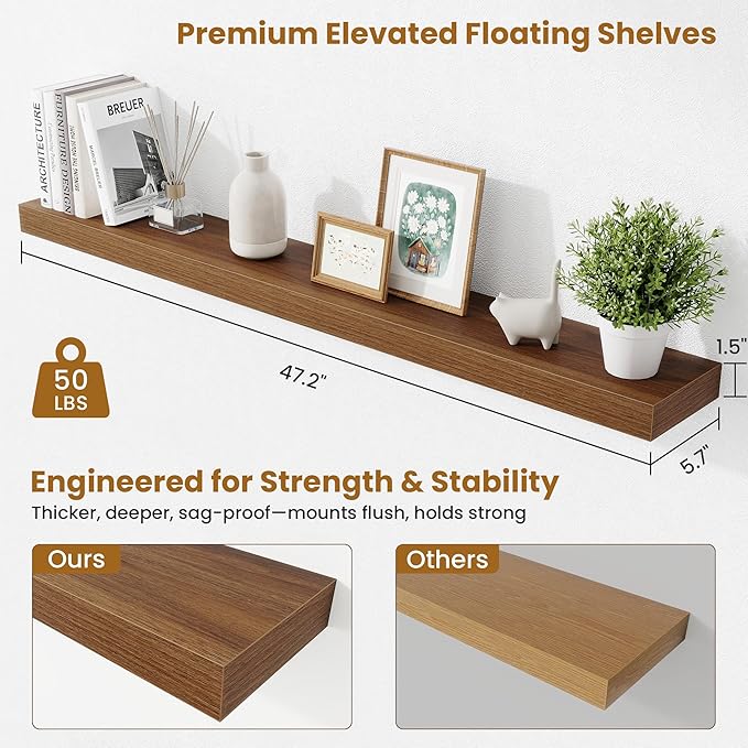 Fun Memories Floating Shelves 48 Inch, Extra Large Wood Shelf Set of 2 - Image 3