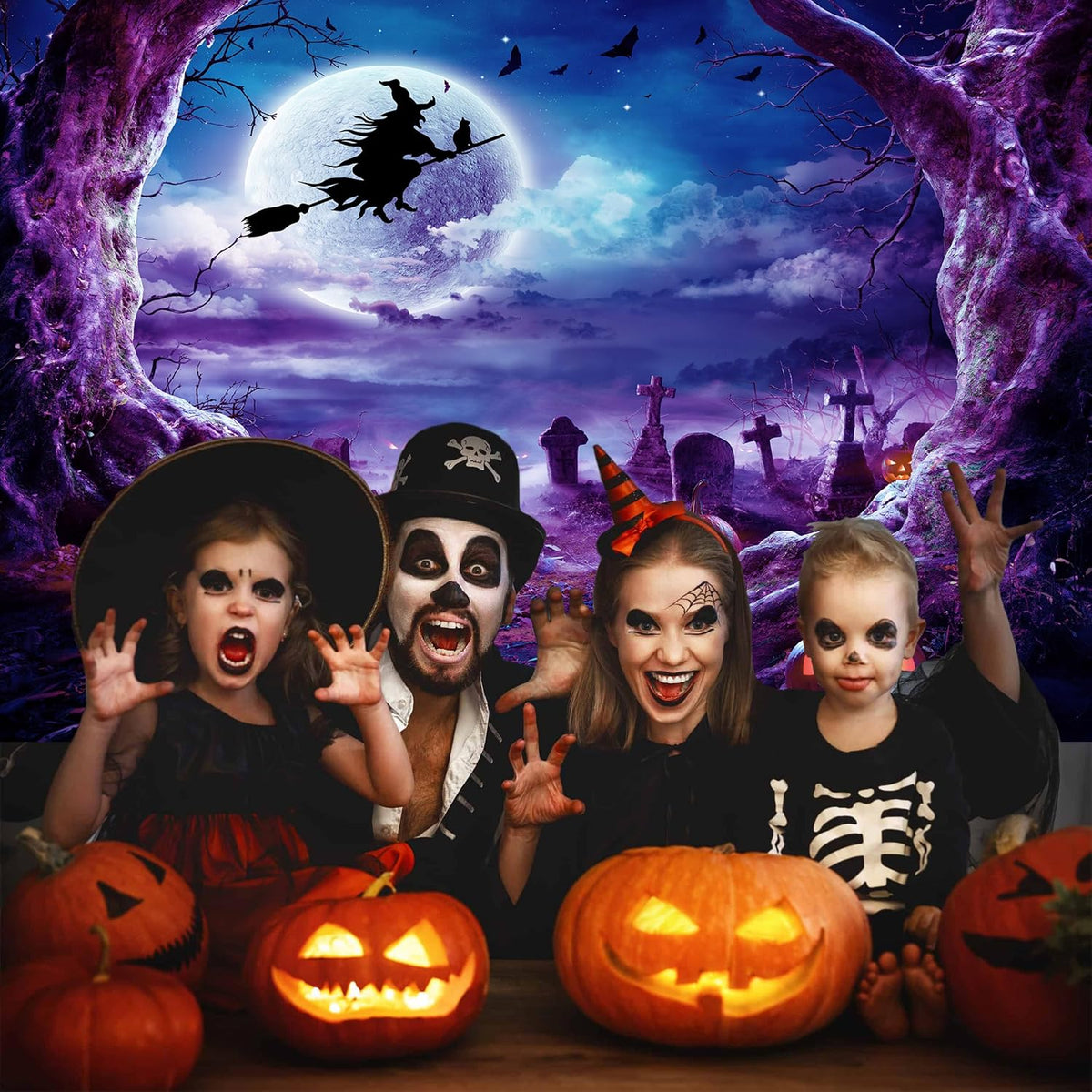 Purple Halloween Cemetery Backdrop 10x8 FT Scary Full Moon Night Backdrops