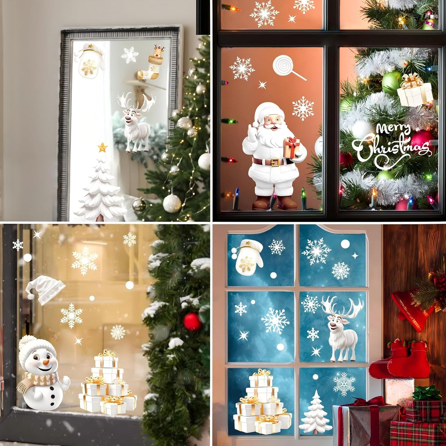 AhfuLife Christmas Window Clings, 190 PCS Large 3D Reusable Window Stickers for Glass, 9 Sheets Double Sided Santa Claus Snowman Snowflakes Reindeer Stickers for Party Decorations
